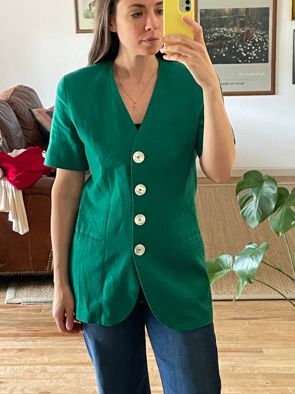 Vintage Linen Short Sleeve Blazer Jacket Green Button Front